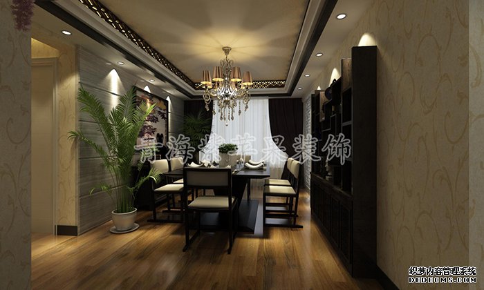 餐厅装饰较为简约，以圆形吊灯、水晶灯、餐厅互相呼应，让整个空间变得立体，墙面的法式钟表也显得特色异常。