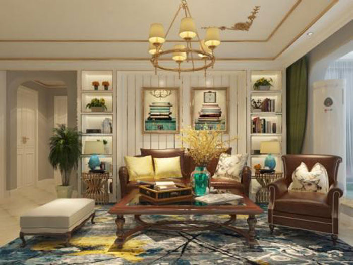 客厅以明亮柔和的暖黄色水晶吊灯来让整个空间的光线都这得非常温馨，欧式家具与简洁的挂画恰好是现代时尚的高配置。
